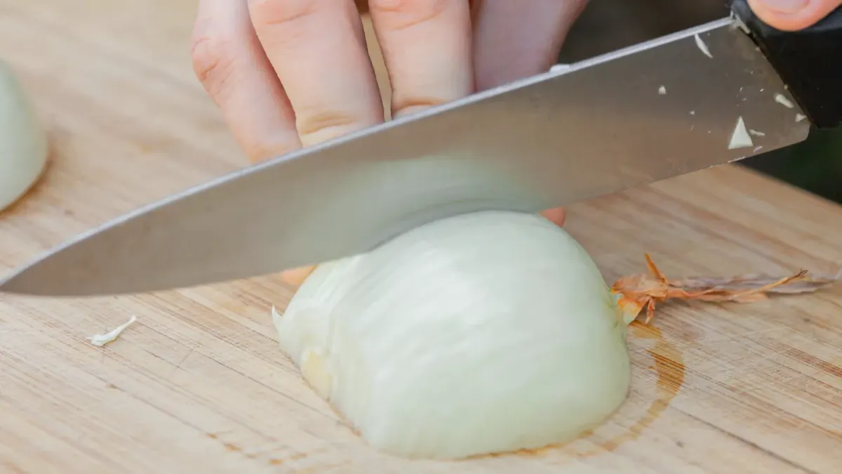 A dog kept back from a cutting board covered in chopped onion