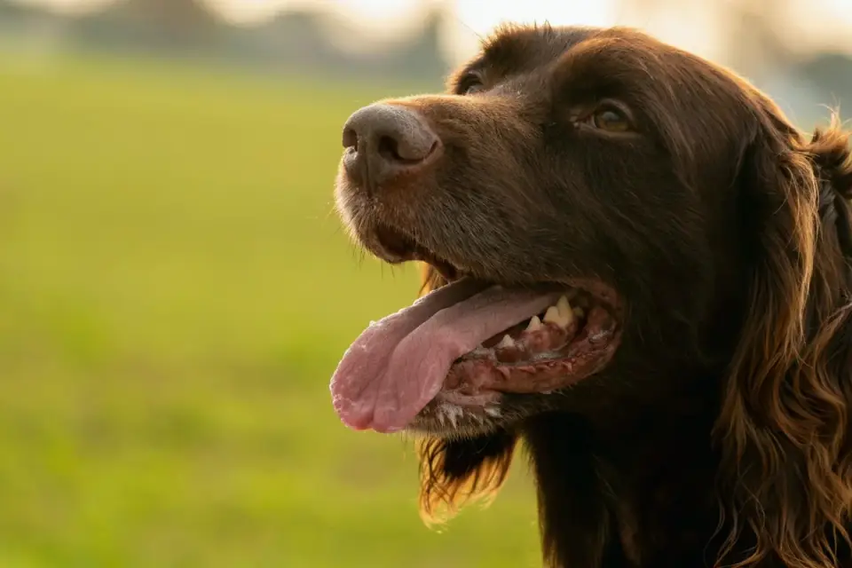 A dog panting heavily while resting in the shade outdoors