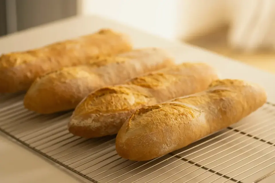 A loaf of bread cooling on a wire rack next to a cutting board