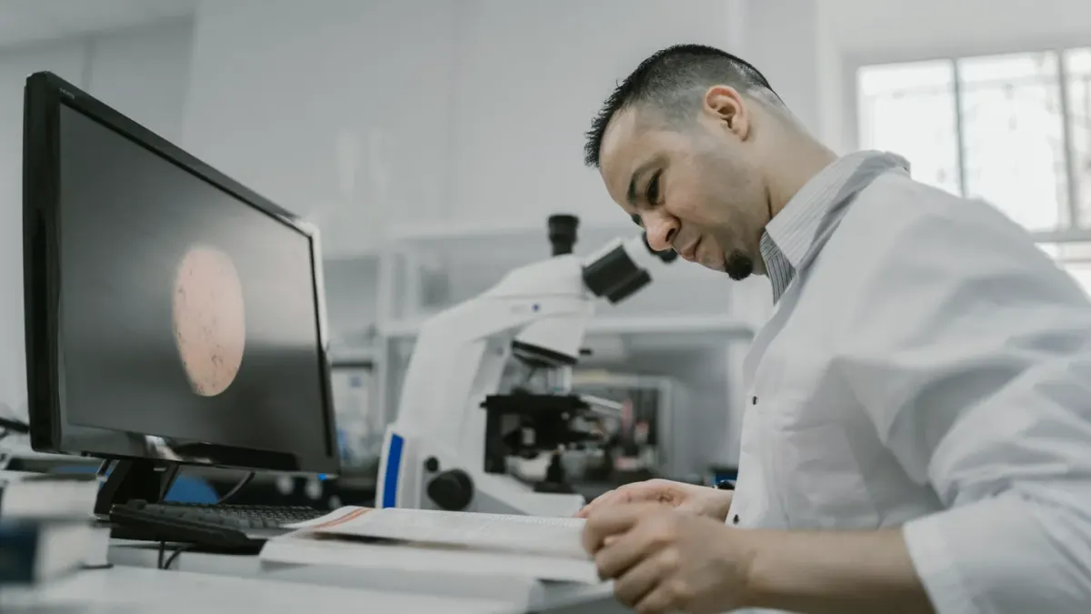 A veterinarian examining the ingredient panel on a dog supplement bottle