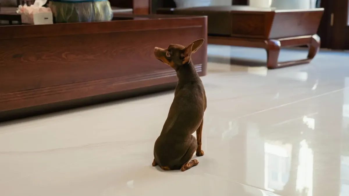 A young puppy standing inside a metal exercise pen on a living room floor