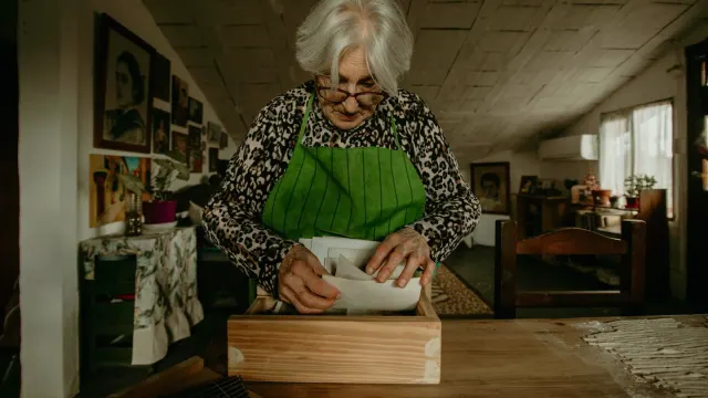 An owner reading the guaranteed analysis panel on a dog supplement bag in a kitchen