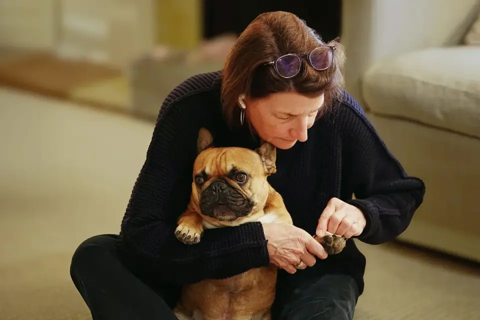 An owner sitting nearby while a young dog investigates a snuffle mat