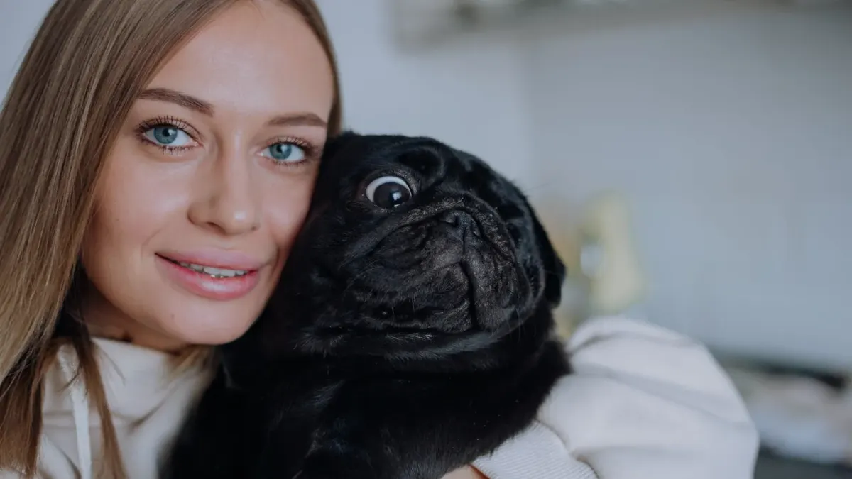 Dog in a kitchen with an owner