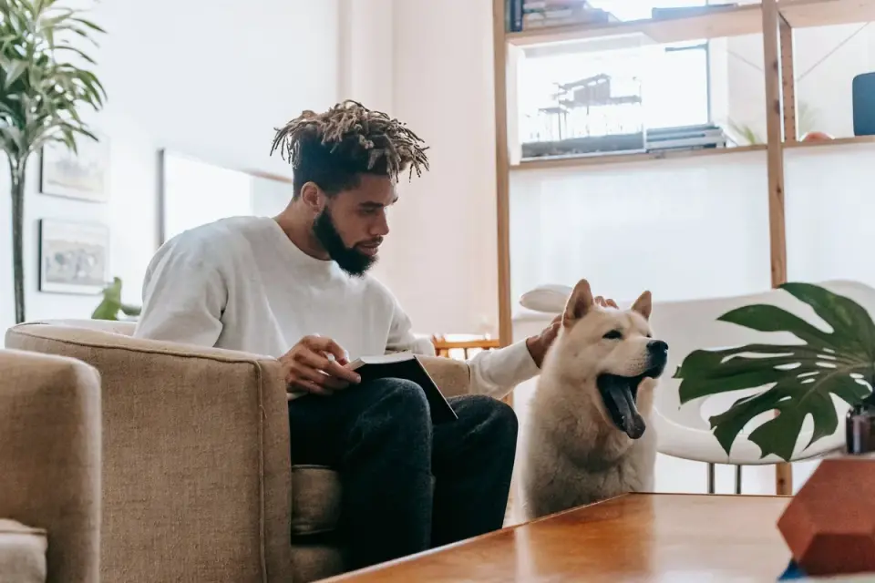 Dog in kitchen with owner
